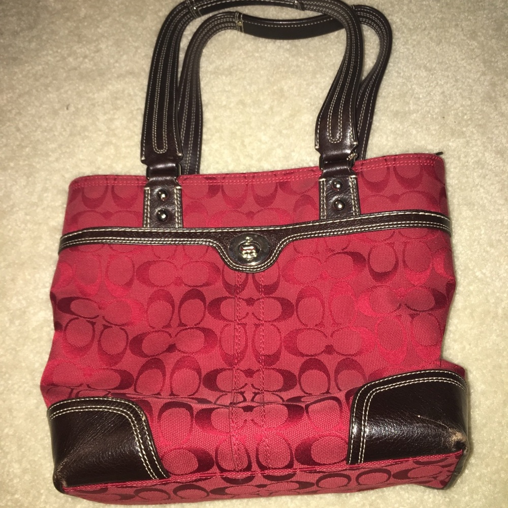Red and dark brown coach bag